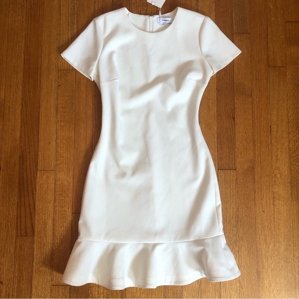 Likely Cream Fitted Short Sleeve Ruffle-Hem Dress